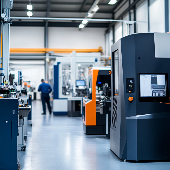 Atelier industriel moderne avec des machines automatisées et des équipements de pointe.