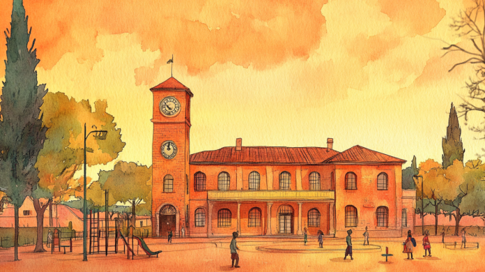 Une illustration artistique représentant une école dans une petite ville au coucher du soleil, avec des enfants jouant dans une cour et des arbres environnants.
