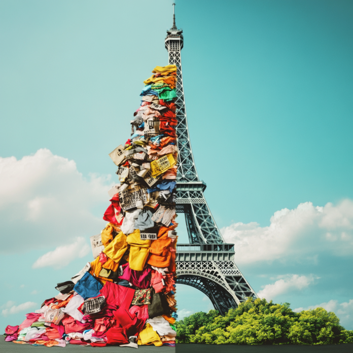Tour Eiffel divisée, à gauche un amas de vêtements colorés représentant la fast fashion, à droite la Tour Eiffel intacte sur fond de ciel bleu.