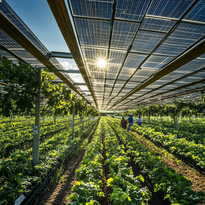 Ferme agrivoltaïque moderne avec cultures en dessous de panneaux solaires, sous un ciel ensoleillé.