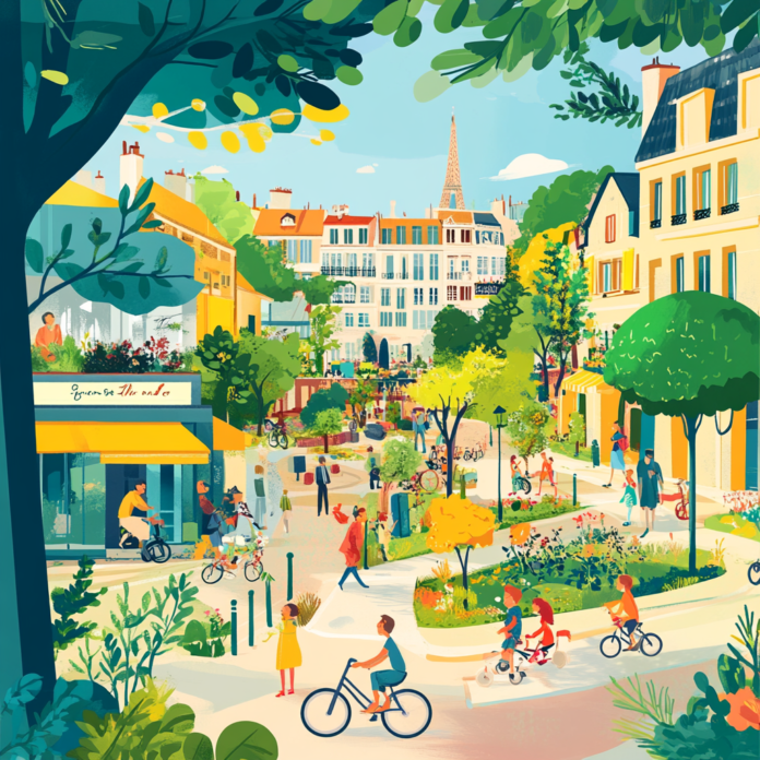 Scène de ville verte animée avec des familles, des vélos, et des espaces verts.