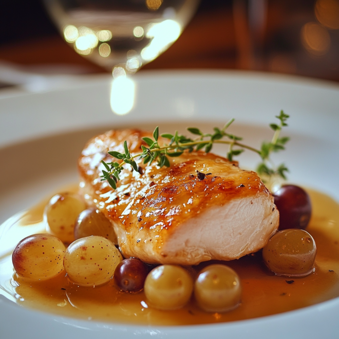 Plat de volaille au chasselas de Moissac, servi avec des raisins dorés et une sauce raffinée.