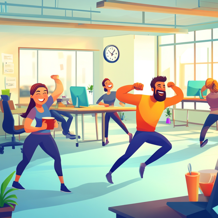 Scène de bureau animée avec des employés joyeux dans un style cartoon.