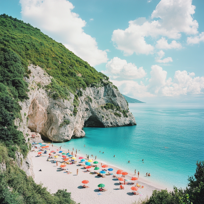 Plage réaliste avec eaux turquoise, falaises verdoyantes et vacanciers sous parasols colorés.