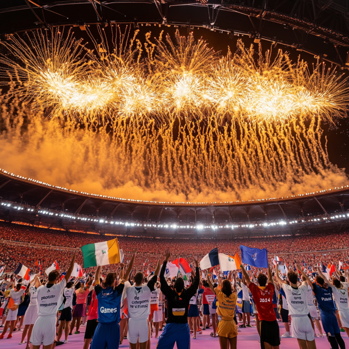 Feu d'artifice spectaculaire lors de la cérémonie de clôture des Jeux Paralympiques de Paris 2024, avec des athlètes célébrant dans le stade.
