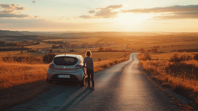 Une personne s'appuie contre une voiture compacte moderne, admirant un paysage vallonné au coucher du soleil.