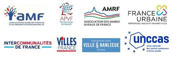 Logos des associations représentant le bloc communal en France, incluant l'AMF, l'APVF, l'AMRF, France Urbaine, Intercommunalités de France, Villes de France, Ville et Banlieue, et l'UNCCAS.