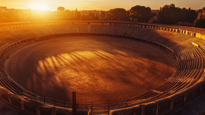 Arènes au coucher du soleil, vue aérienne montrant les gradins vides et la piste circulaire baignée dans une lumière dorée