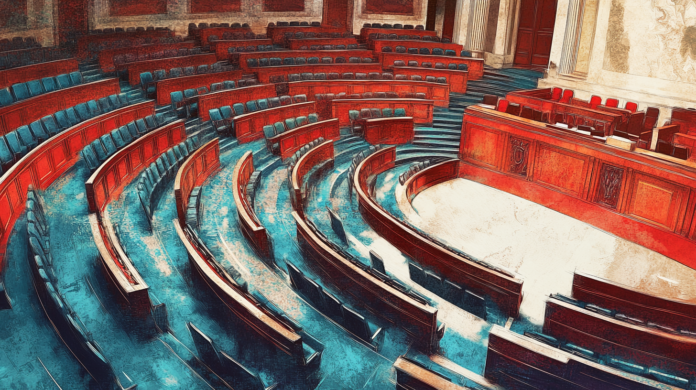 Illustration minimaliste représentant l'hémicycle de l'Assemblée nationale française, avec des sièges rouges et bleus en arc de cercle.