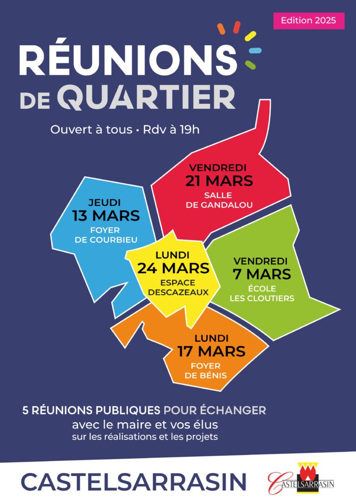 Affiche officielle des réunions de quartier 2025 à Castelsarrasin avec les dates et lieux des 5 rencontres