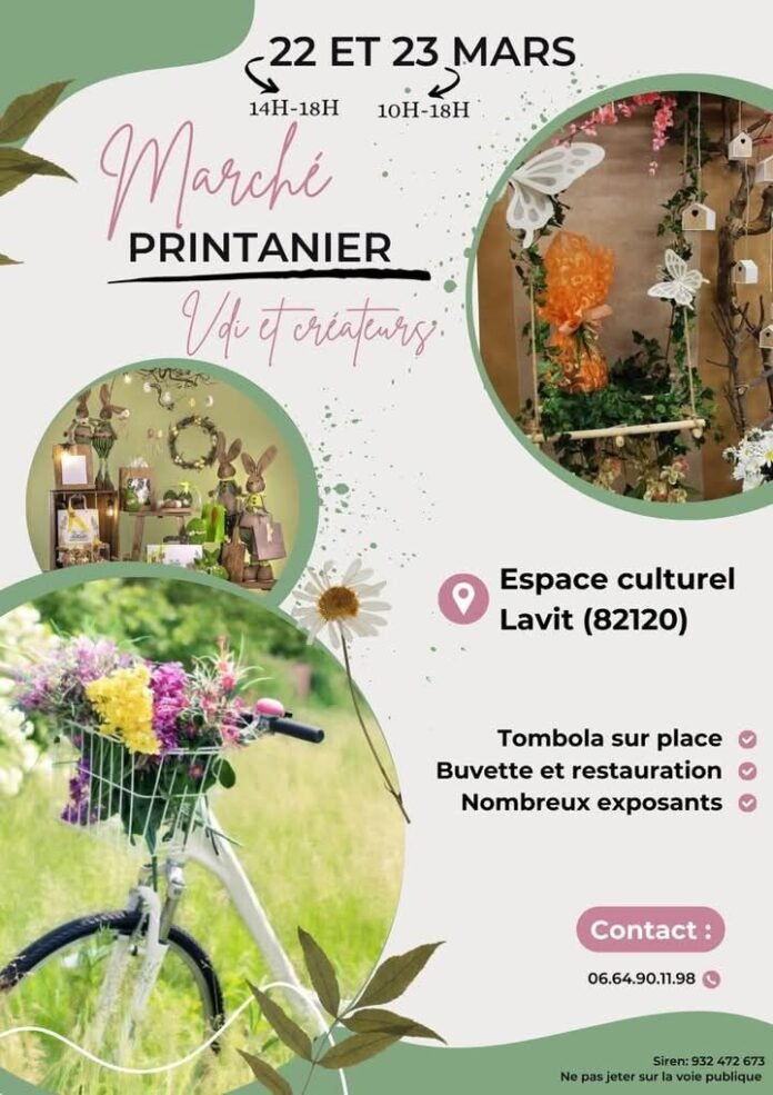 Affiche officielle du marché printanier de Lavit 2025 montrant des décorations printanières, fleurs et créations artisanales