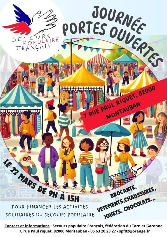 Affiche de la journée portes ouvertes du Secours Populaire à Montauban le 22 mars 2025 avec illustrations de brocante