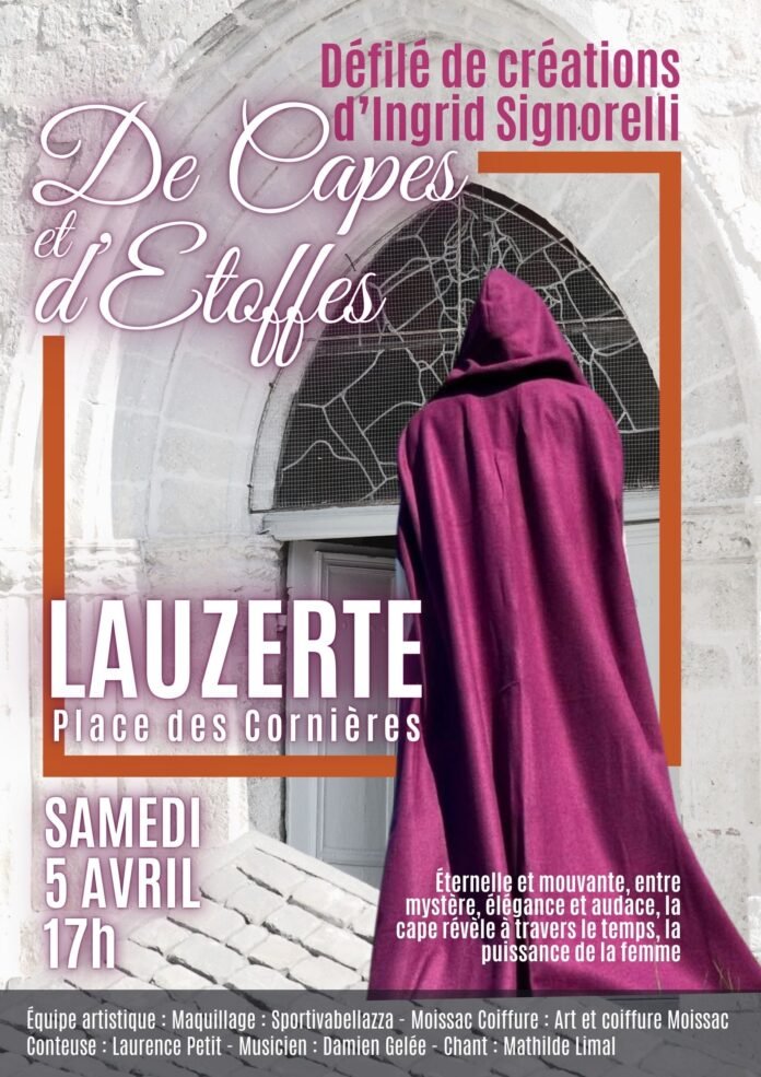 Affiche du défilé De Capes et d'Étoffes avec silhouette en cape pourpre devant l'architecture de Lauzerte, création d'Ingrid Signorelli pour les JEMA 2025