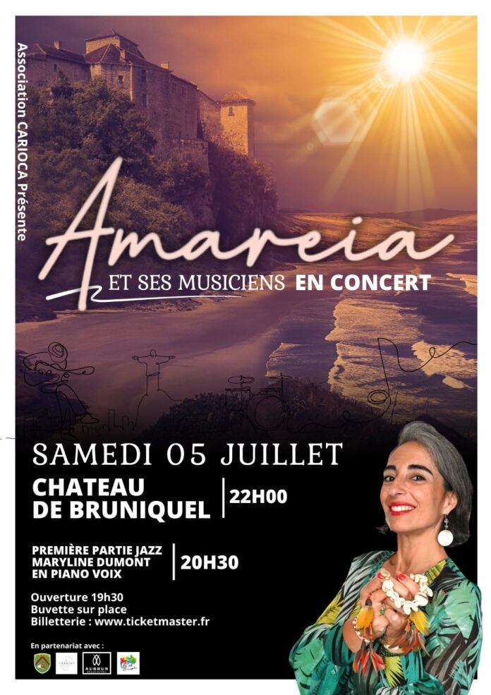Affiche du concert d'Amareia et ses musiciens au Château de Bruniquel le 5 juillet 2025, avec vue du château au coucher du soleil