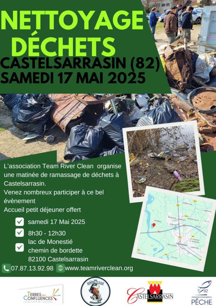 Affiche de l'opération nettoyage de déchets organisée par Team River Clean à Castelsarrasin le 17 mai 2025 au lac de Monestié