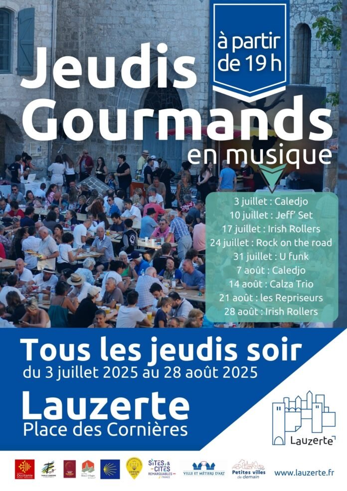 Affiche des Jeudis Gourmands de Lauzerte 2025 avec programmation musicale et foule sur la Place des Cornières