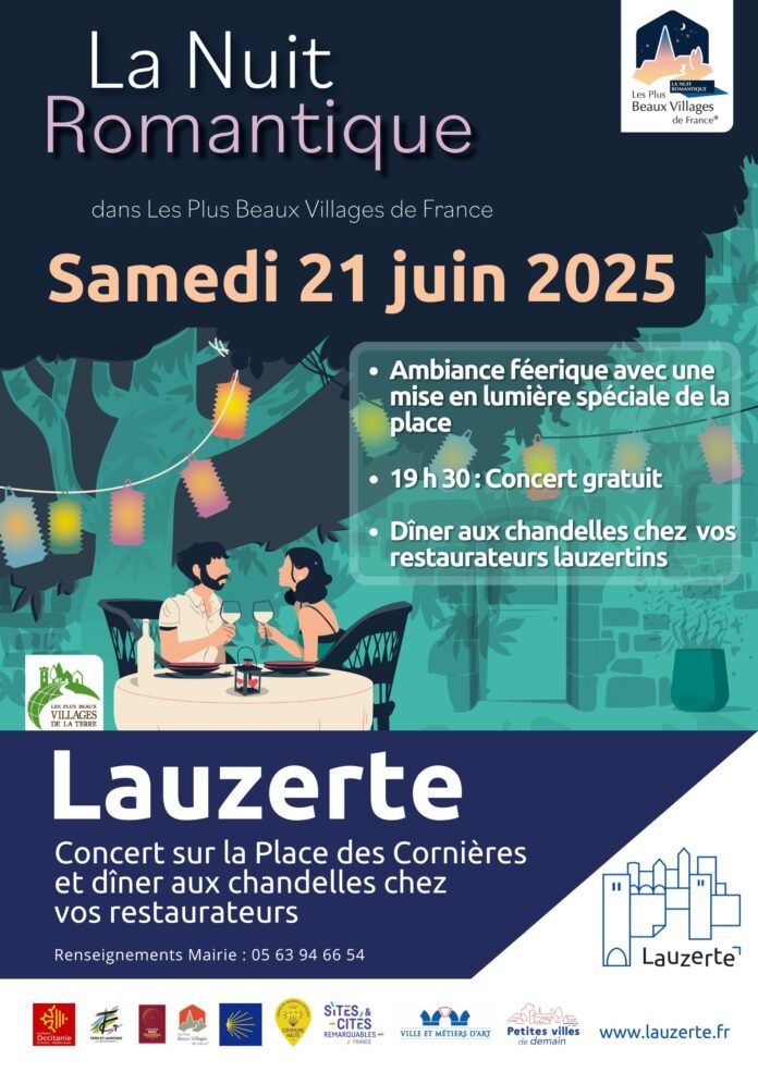 Affiche de la Nuit Romantique à Lauzerte avec couple dînant aux chandelles et mise en lumière de la Place des Cornières
