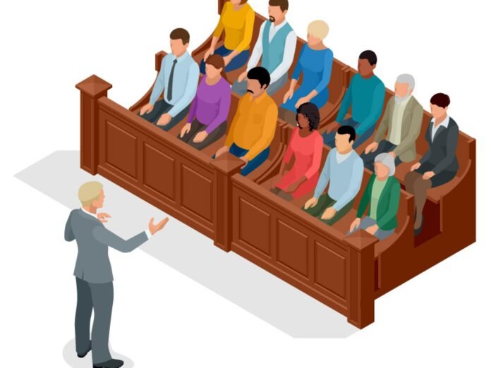 Illustration représentant un jury d'assises avec douze citoyens face à un avocat dans une salle d'audience