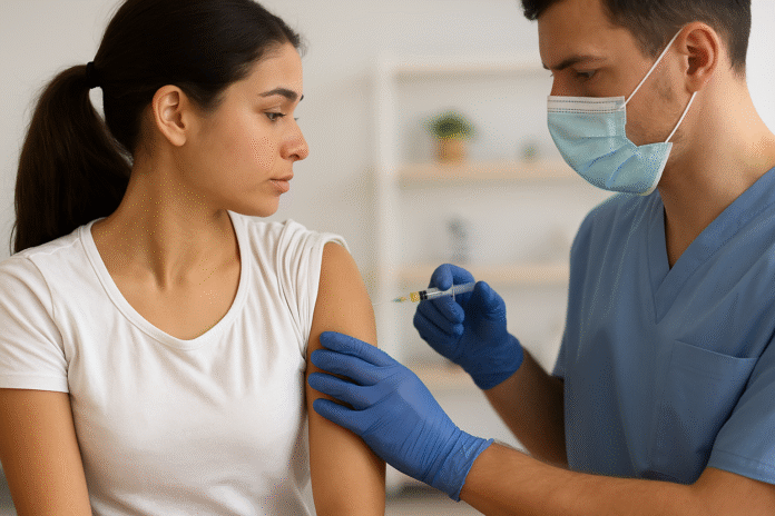 Jeune femme recevant une injection vaccinale par un professionnel de santé
