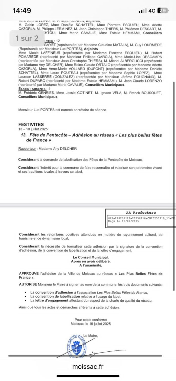 Délibération du conseil municipal de Moissac sur l'adhésion au label Les plus belles fêtes de France du 15 juillet 2025