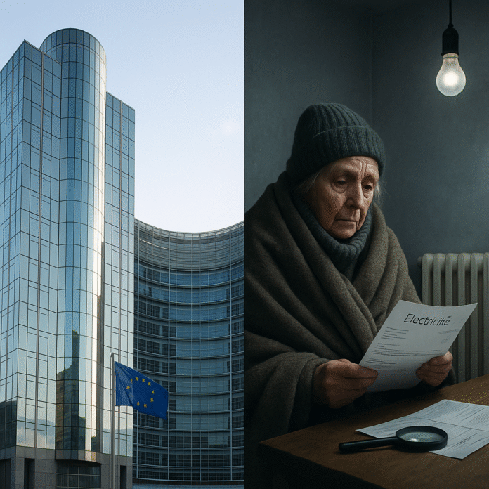 Contraste entre les tours de Bruxelles et une personne âgée lisant sa facture d'électricité dans un logement mal chauffé