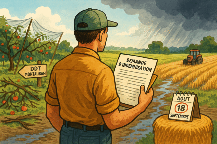 Illustration d'un agriculteur consultant sa demande d'indemnisation pour les dégâts d'orages dans un paysage rural du Tarn-et-Garonne avec calendrier marquant la date limite du 18 septembre