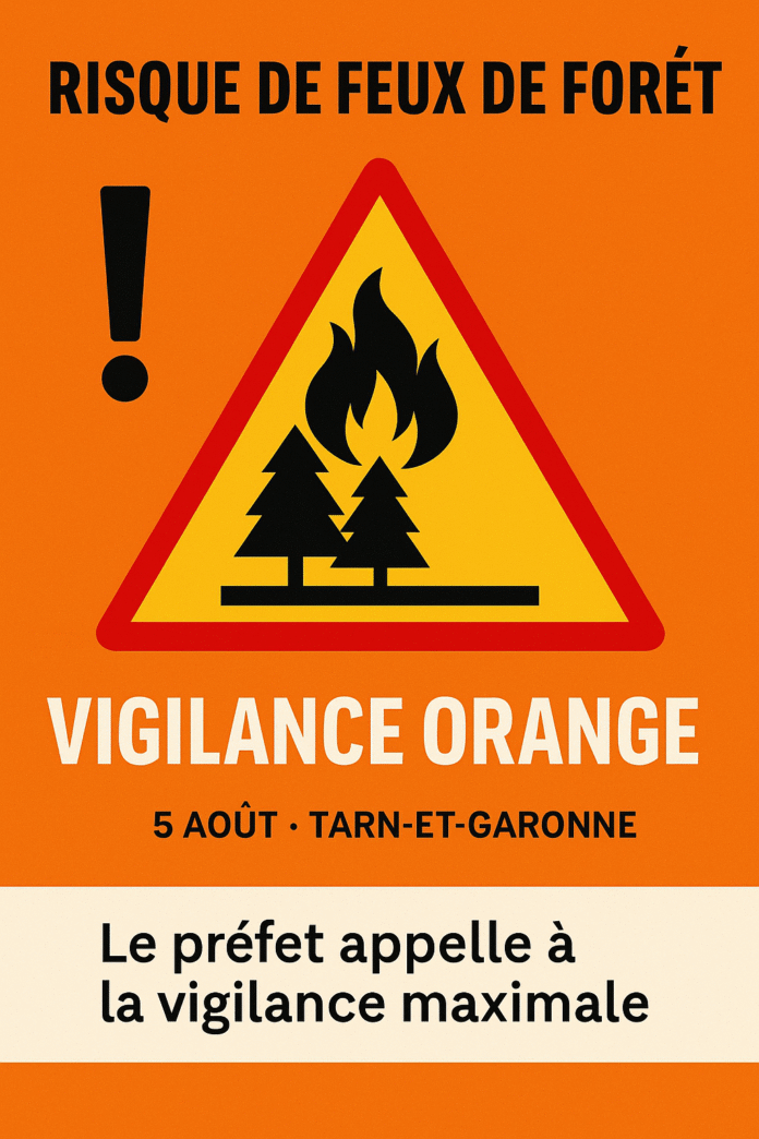 Affiche d'alerte vigilance orange feux de forêt en Tarn-et-Garonne le 5 août 2025