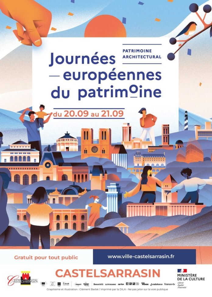 Affiche officielle des Journées Européennes du Patrimoine 2025 à Castelsarrasin du 20 au 21 septembre, illustrant le patrimoine architectural avec des personnages découvrant la ville