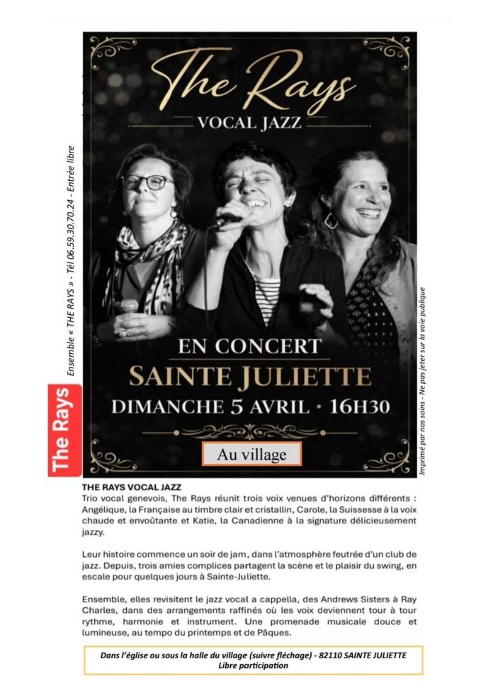 Concert The Rays trio vocal jazz a cappella Sainte-Juliette Tarn-et-Garonne 5 avril 2026