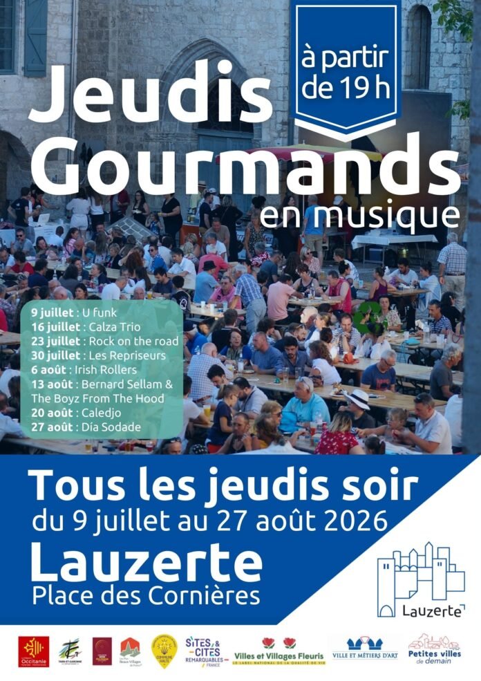 Jeudis Gourmands en musique place des Cornières Lauzerte soirée estivale 2026