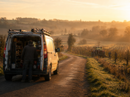 artisan fourgon route campagne Tarn-et-Garonne lever de soleil verger tracteur travailleurs invisibles territoire