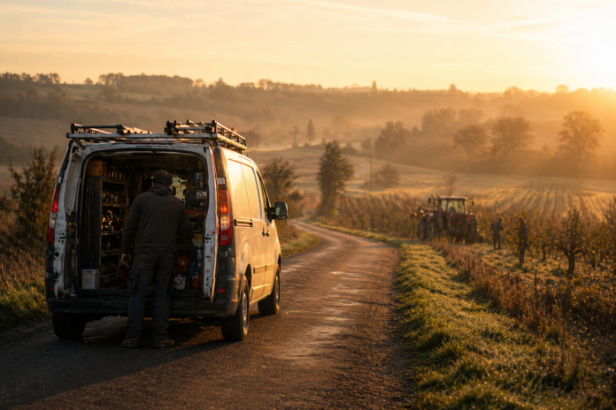 artisan fourgon route campagne Tarn-et-Garonne lever de soleil verger tracteur travailleurs invisibles territoire