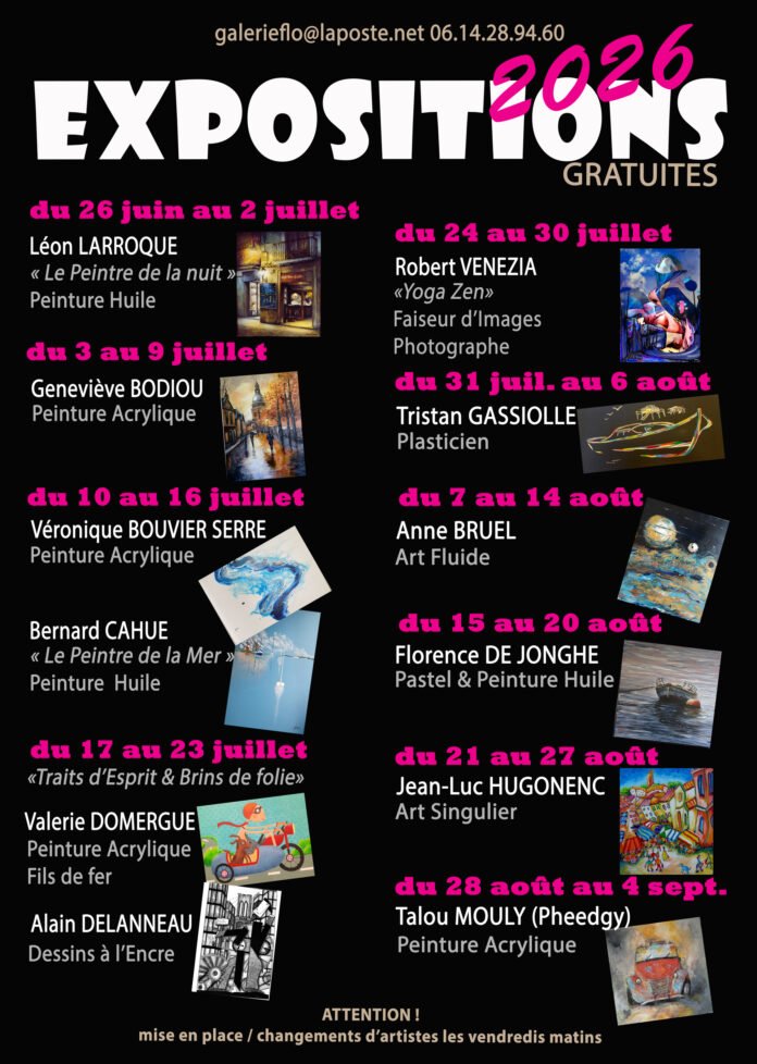 Programme expositions Galerie Flo Caylus été 2026 artistes peinture photographie gratuit