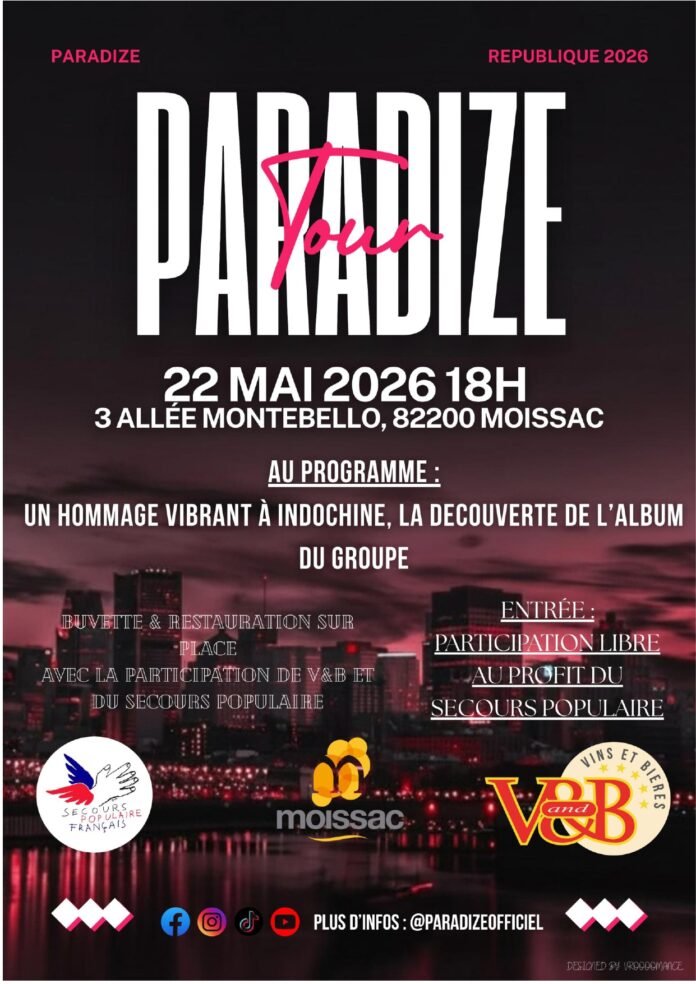concert Paradize hommage Indochine Moissac 22 mai 2026 solidaire Secours Populaire participation libre