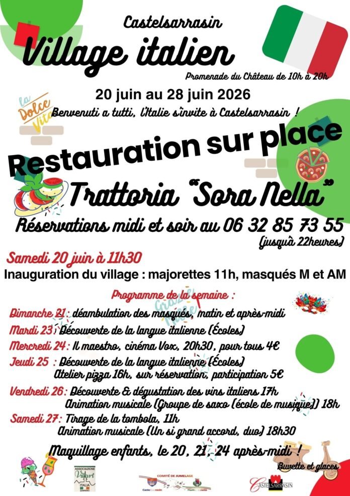 Village Italien Castelsarrasin Promenade du Château 20 28 juin 2026 trattoria masques vénitiens atelier pizza